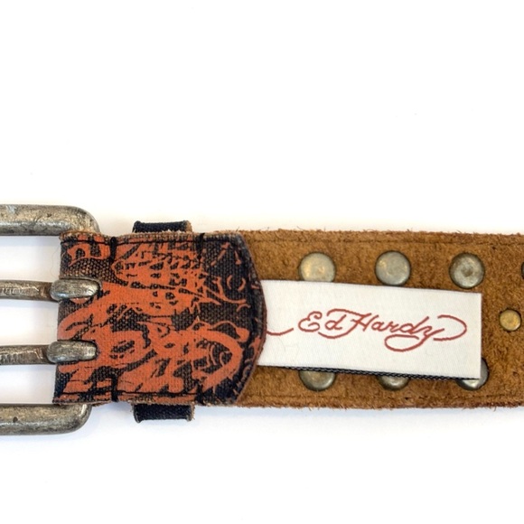 Vintage Y2K Ed Hardy Studded Leather Belt Handmade Logo Print Rare Size Large main image 8